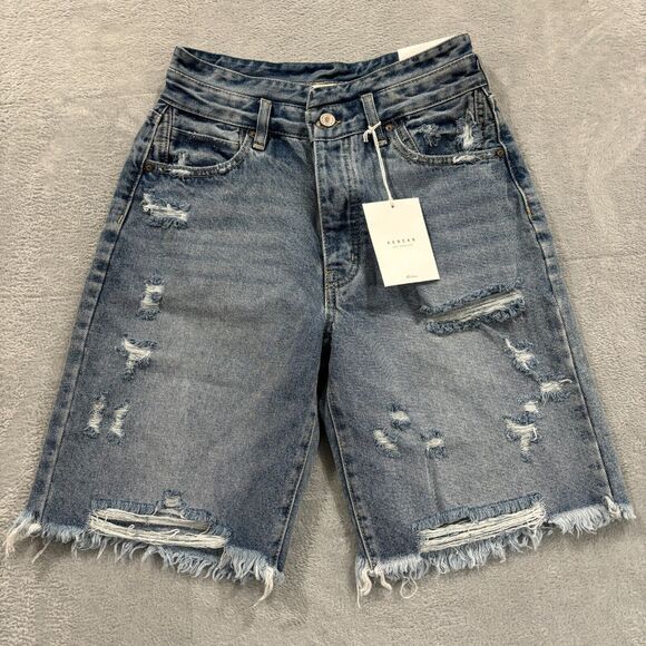Kancan Shorts Womens 3/25 "Truly High‎ Rise 90's Bermuda Shorts" Distressed Blue - Picture 2 of 12
